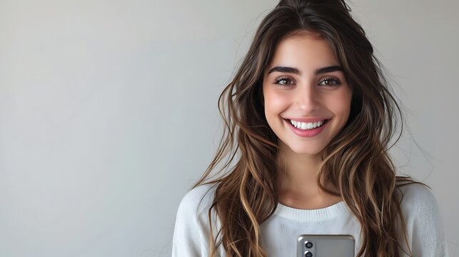 A young woman with a captivating smile holding a smartphone against a light background. 