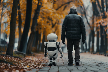 Wall Mural - heartwarming photo illustrating the role of a robot companion in supporting humans, showcasing the compassion and assistance provided by technology in our daily lives,