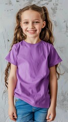 Little girl wearing purple blank white t shirt mockup for print image portrait isolated