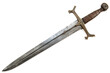A sturdy, medieval broadsword with a crossguard, isolated on solid white background.