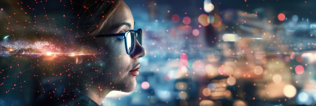 Business woman wearing glasses and science and technology background with city scape and digital overlay innovative background for successful business development