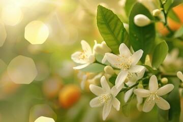 Wall Mural - Blossom Orange. Agricultural Background with Orange Tree Branch and Citrous Bud