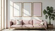 Blank poster frames mock up in Bright living room with pink sofa and light blue wall, pink arches on wooden floor , green plants, living room interior background, 3d rendering ai generated 