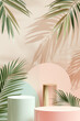podium background for displaying cosmetic products with tropical palm leaves.