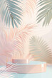 podium for demonstrating products with a background of tropical palm leaves in pastel colors.