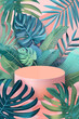 Pink podium on a background of tropical leaves.