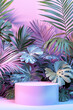 .podium for product display with tropical palm leaves background.