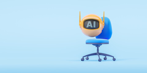 An office chair with a robot head helmet displaying AI on a visor, set against a light blue background, depicting a job search and AI concept. 3D Rendering