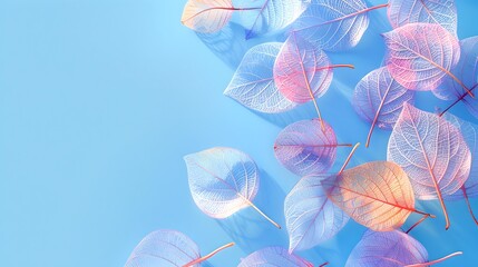 Wall Mural - Elegant pastel blue background with floating transparent leaves. Soft tones for wallpaper. Serene nature design for relaxation. AI