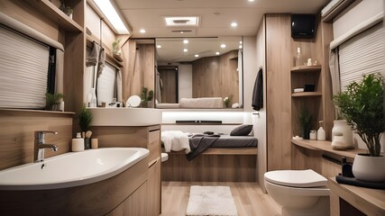 A motorhome interior bathroom with a blurred effect, emphasizing the dynamic and spacious feel of the space