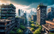 A post apocalyptic cityscape with ruined buildings. Panoramic view to the destroyed city after the war