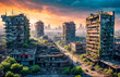 A post apocalyptic cityscape with ruined buildings. Panoramic view to the destroyed city after the war