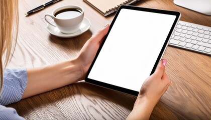 Tablet held by Woman in an Office - Mockup for Application or Web Design - Template for Presentation of Graphic Design - Corporate Representation at Consumers