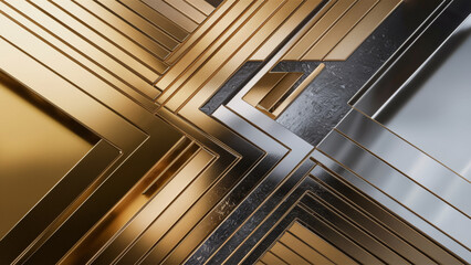 Wall Mural - A shiny metallic background of gold and rhodium, formed by straight and curved lines.