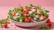 A photorealistic image showcasing a variety of fresh salad ingredients including arugula, lettuce, radish, and tomato beautifully arranged on a pink background