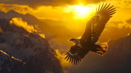 Sticker - Majestic eagle soaring at sunset over mountain peaks. A symbol of freedom in nature's grandeur. Perfect for backgrounds and wildlife enthusiasts. AI