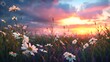 Craft a panoramic view of a serene meadow at sunset