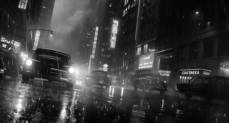 Wall Mural - Noir movie, night city street under the rain