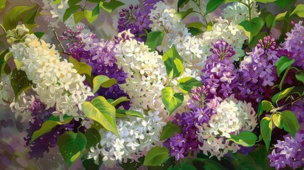 Poster - An exquisite display of white and purple lilac blooms set against a backdrop of lush green leaves This stunning bouquet captures the essence of spring in a vibrant burst of colors perfect f