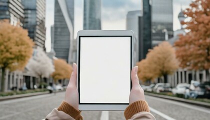 Tablet held by Woman in Outside in the City - Mockup for Application or Web Design - Template for Presentation of Graphic Design - Corporate Representation at Consumers