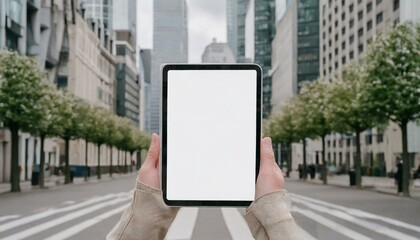 Tablet held by Woman in Outside in the City - Mockup for Application or Web Design - Template for Presentation of Graphic Design - Corporate Representation at Consumers