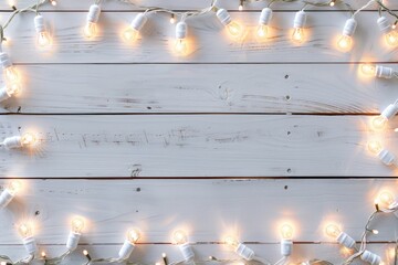 Wall Mural - Merry Christmas Lights. Festive Christmas Decoration on White Wood Background