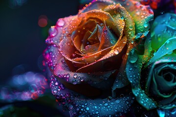 Poster - Neon multicolored vibrant roses, dew, wet water drops, dark, intense, fantasy, vivid, blue, green, purple, orange, Otherworldly Visions