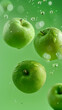 Green apples floating in the air, artistically arranged in a food photography style against a crisp green studio backdrop, showcasing their fresh, vibrant appeal.
