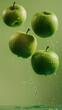 Green apples floating in the air, artistically arranged in a food photography style against a crisp green studio backdrop, showcasing their fresh, vibrant appeal.
