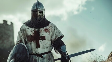 Wall Mural - Portrait of knight templar, medieval warrior wearing helmet, standing on battlefield with sword and shield