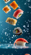 Assorted sushi pieces artistically floating in the air, captured in a dynamic food photography style against a deep ocean blue studio backdrop, emphasizing the exquisite detail and fresh appeal 