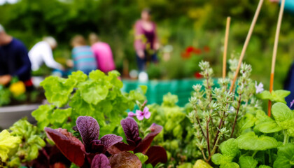 Wall Mural - Zoomed detail of a diverse sustainable garden with blurred people enjoying gardening in the background. AI generated.