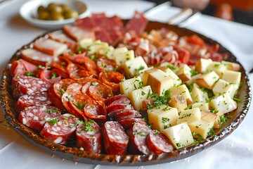 Wall Mural - Traditional Spanish appetizer Entremeses, cold cuts of various sausages, jamon and cheese slices served with Russian salad