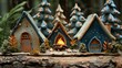 A group of ceramic fairy houses in a forest setting. The houses are blue and have brown doors. There are trees and a campfire in the background.