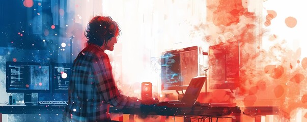 A programmer is sitting in a dark room, surrounded by computers