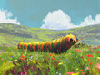 A colorful caterpillar is crawling through a field of flowers