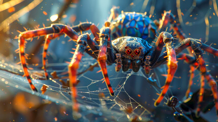 A spider with red and blue markings on its body is sitting on a web
