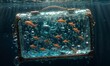 underwater scene with a suitcase filled with bubbles and goldfish swimming around it.