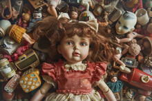 A Doll Is Laying On A Pile Of Toys, Including A Remote Control, A Bottle