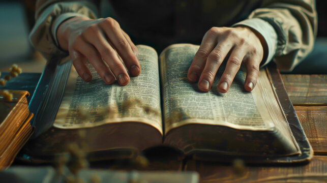 A person is reading a book with their hands on the pages