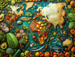 A colorful map of the world made of vegetables and fruits