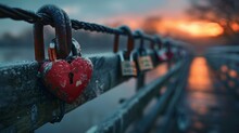 Rusty Heart Shaped Padlock On A Bridge At Sunset