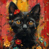 Fototapeta Perspektywa 3d - Vibrant abstract cat with piercing yellow eyes. Generative AI