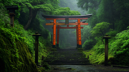 This image features a traditional Japanese Torii gate marking the entrance to a forest path, enveloped in greenery