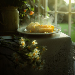 golden yellow boiled ears of corn Strong light falls on her from behind, creating a dramatic effect steam rises over the corn