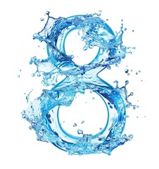 The image shows a blue, 3D rendering of the number eight made out of splashing water. The number is on a white background.