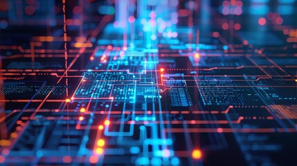 A wireframe simulation of a new software application being coded, with data flows and user interfaces emerging