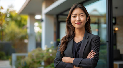 Beautiful real estate agent smiling and looking at the camera