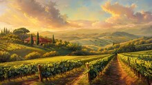 This Is An Image Of A Sunset Over A Rural Italian Landscape. There Is A Villa In The Middle Of A Lush, Green Vineyard. There Are Trees And Rolling Hills In The Background. The Sky Is A Bright Orange A
