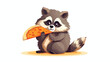 Cute raccoon eating pizza piece. Funny adorable rac